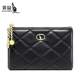 Kangaroo (kangaroo) women's new wallet 2025 genuine leather rhombus leather short wallet fashionable zipper wallet trendy black
