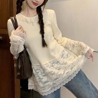 Mu ni lace bottoming shirt for women 2025 spring new style french gentle style long-sleeved thin inner layering pure desire round neck lace bottoming shirt m