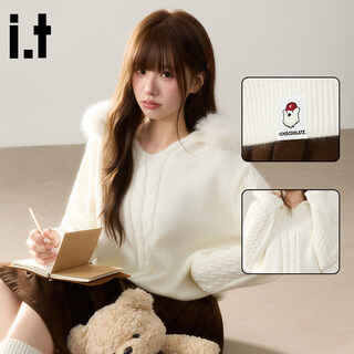 Chocoolate it women's light luxury style fur collar hooded pullover sweater for women 2026 spring new short knitted top beige m