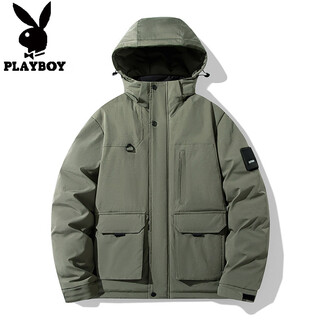 Playboy plus size men's down jacket winter thickened warm hooded jacket plus fat plus fat loose casual workwear trend military green l recommended 120-140 jin jin equals 0.5 kg