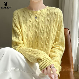 Playboy (playboy) retro twist long sleeve bottoming sweater women's soft waxy cable round neck sweater autumn and winter thickened warm temperament top official flagship warm yellow jxyr0..s recommended 90-100jin jin is equal to 0.5kg