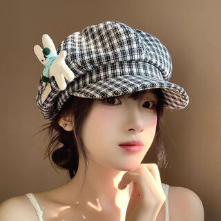 Queen trip japanese cartoon doll retro plaid octagonal hat spring and autumn versatile cloud beret painter newsboy hat trendy japanese doll painter hat black