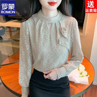 Romon autumn and winter fashionable half turtleneck lace bottoming shirt for women new style with velvet thickened warm top and small shirt khaki regular style s 80-90jin jin is equal to 0.5 kg