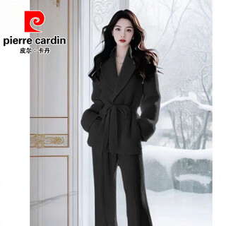Pierre cardin lazy style lapel sweater jacket wide leg pants suit women's casual fashion two-piece set 2025 autumn and winter new style dark gray suit standard edition s recommended 80-95jin jin is equal to 0.5 kg