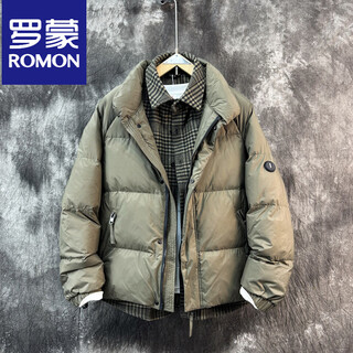 Romon fake two-piece down jacket men's winter 2025 new white duck down splicing shirt collar korean style stand collar jacket khaki green 4xl 170-190jin jin is equal to 0.5 kg