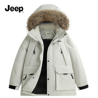 Jeep吉普男士加厚连帽羽绒服秋冬款合身贴袋防风舒适保暖羽绒外套男 象牙白 M (建议110-130斤)