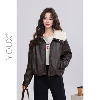Youxiang velvet brown tone 2025 winter new cool style short retro down liner leather jacket women brown m
