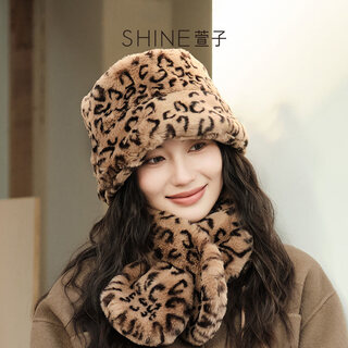 Xuanzi jewelry bath style leopard print plush fisherman hat autumn and winter warm and coldproof large brim basin hat leopard print m(56-58cm)