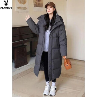Playboy (playboy) long knee-length down jacket for women 2026 winter new white duck down thickened loose college style couple jacket long gray m 110-130jin jin equals 0.5 kg