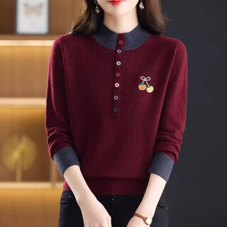 New year, new year, half-turtle collar contrast color sweater women's button decorated bottoming shirt versatile, slim and fashionable angora red s (80-95jin jin is equal to 0.5kg)