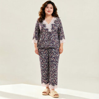 Minagawa (mynight) minagawa large size suit pajamas for women modal cotton super soft and comfortable lace printed home clothes can be worn outside thin dark green rose m (weight 90-115jin jin equals 0.5 kg)