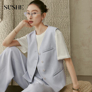 Sushe clear string commuting style custom-dyed tencel decorative topstitch blazer/vest/trousers suit ice water blue-jacket m