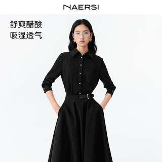 Naersi elegant bead chain lily acetate shirt comfortable breathable top women's 26 spring new black m
