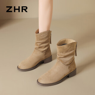 Zhr cashmere elastic boots for women 2025 winter new plus velvet retro short boots warm and comfortable stack boots khaki 35