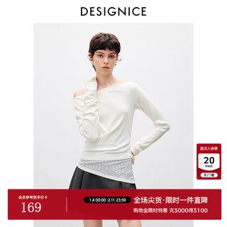 Designice elegant sloped shoulder shirt 2026 spring new slim smocked lace spliced shirt top women milk white s