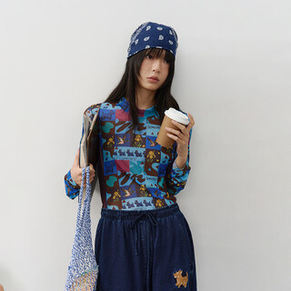 Semicircle original design women's clothing retro 2026 spring slim casual small stand collar pop printed t-shirt women's top blue purple check (pre-sale) m