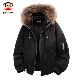 Paul frank japanese retro casual fur collar hooded down jacket men's 2025 winter new loose warm and comfortable top black 90% white duck down 2xl recommended 155-180jin jin equals 0.5 kg