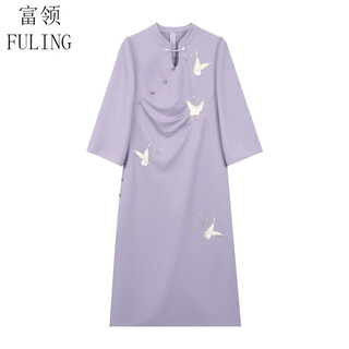 Fu ling annual meeting new chinese style improved cheongsam dress plus size women's clothes fat mm wu zhenyuan first year banquet mother's embroidered waistband purple parts will be shipped the next day xl 120 to 140 jin jin equals 0.5 kg