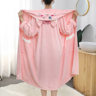 Chongyou children's bath towel, adult cloak, hooded bath towel, adult absorbent, lint-free bathrobe, pink cat long-sleeved style (height 150-180)