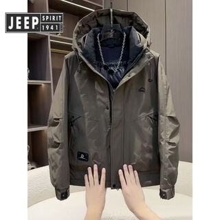 Jeep spirit jeep workwear hooded down jacket men's 2025 winter new american simple youth outdoor warm solid color duck down green xl recommended weight 140-155jin jin is equal to 0.5 kg