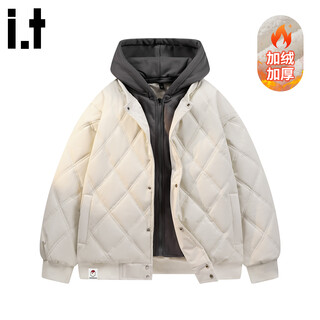 Chocoolate it fake two-piece rhombus design hooded loose cotton jacket for men in winter loose plus velvet warm casual casual coat off-white s recommendation 85-110jin jin equals 0.5 kg