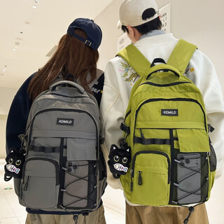 Adolham workwear retro school bag male junior high school student large capacity backpack female reflective college student burden-reducing backpack dark gray black cat pendant