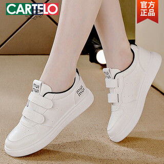Cartelo crocodile genuine leather white shoes for women 2026 spring new versatile lightweight velcro student sports sneakers for women white and black 36