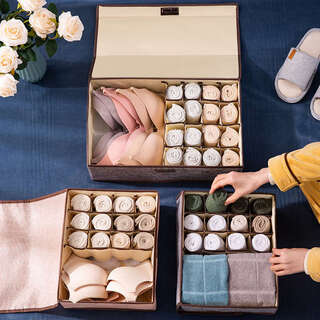 Yusenyi home wardrobe storage box drawer trouser organizing box desktop bra socks storage box soft cover 17 grid linen washable beige