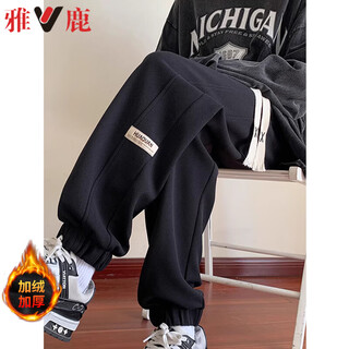 Yalu plus velvet thickened youth straight drawstring casual pants men's autumn and winter new loose sports leggings sweatpants d22 black plus velvet high quality xl 125-140jin jin equals 0.5 kg