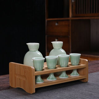 Fantasy celadon wine set, home liquor dispenser, chinese ceramic small wine jug, goblet, spirit cup with tray rack, yunxiang celadon pot, 2 pots, 4 cups, cup holder