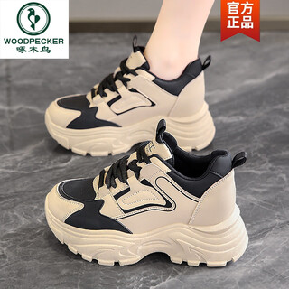 Woodpecker women's shoes 2026 new spring thick sole inner heightening daddy shoes women's small tall tall sports shoes versatile black 1955 36