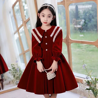 Hal.duck girls' dress, stylish and sweet princess style velvet children's skirt plus velvet mid-length red dress skirt red regular 120