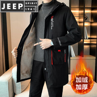 Jeep spirit autumn and winter plus velvet thickened windbreaker men's fat man plus fat extra size medium long jacket fat man loose casual jacket trendy black plus velvet 6xl