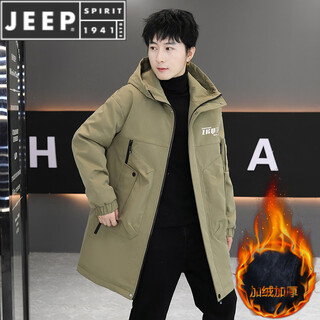 JEEP SPIRIT加绒风衣男2025新款秋冬装加厚中长款外套连帽棉衣棉服 绿色【加 绒加 厚】 品质保证 M 建议体重80-100斤