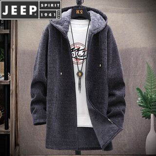 JEEP SPIRIT秋冬季毛衣夹克男士中长版大衣潮流连帽风衣加绒保暖拉炼 炼 8819深灰色【加 绒】中长版 M