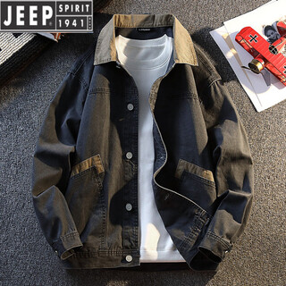 Jeep spirit american retro denim jacket men's 2026 spring and autumn high-end fashion brand contrast color casual lapel work jacket gray m