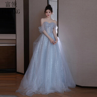 Rich collar high-end banquet evening dress blue dress light luxury niche temperament one-shoulder birthday ceremony host princess dress blue xs