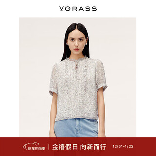 Vgrass 25th summer new positioning printed short-sleeved fungus collar women's short-sleeved shirt gentle and versatile lilac brown l