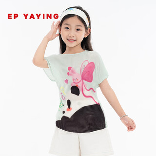 Ep yaying children's clothing 2026 spring girls new round neck cute red panda print top short green 160