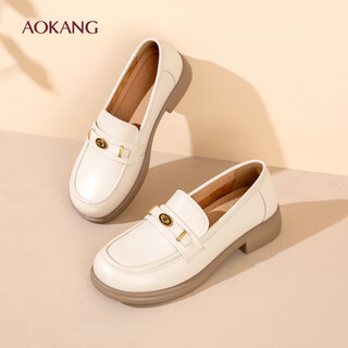Aokang women's shoes 2026 new spring and autumn loafers soft sole british style small leather shoes commuting shallow mouth single shoes anti-slip mom shoes beige 35