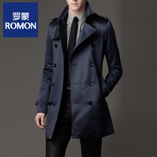 罗蒙（ROMON）春秋季商务修身风衣新款韩版时尚休闲男英伦中长款青年流行外套 深蓝色 S 165/80A