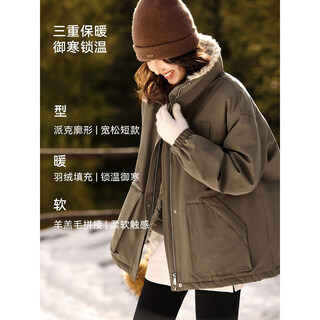 Xwi xinwei army green spliced lamb wool parker down jacket women's 2025 winter loose slim warm jacket army green l