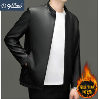 Goldlion middle-aged men's pu leather jacket autumn outdoor business versatile solid color stand-up collar dad jacket ben l-2288 black plus velvet m