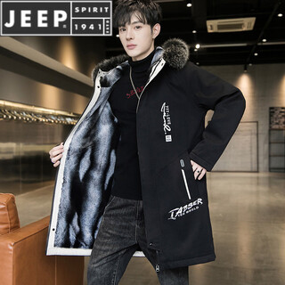 Jeep spirit parka men's winter velvet thickened cotton clothes mid-length hooded windbreaker trendy cotton jacket black m