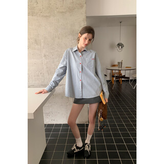 Eggka embroidered letters commuting versatile blue and white plaid shirt e26a60019yl blue and white plaid m