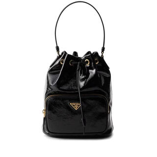Prada women's bucket bag drawstring closure front pocket design adjustable shoulder straps multi-layer storage black lambskin glossy black one size