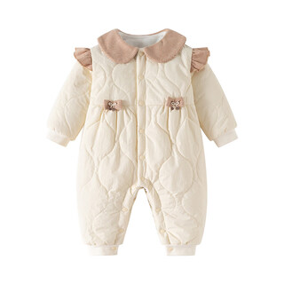 Joyncleon newborn baby clothes, winter quilted onesies for baby girls, thickened outdoor cotton clothes, home crawling clothes, beige 90cm, 1-2 years old, recommended weight 9.5-13kg