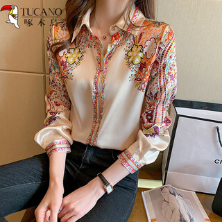 Woodpecker (tucano) imitation silk shirt women's long-sleeved imitation mulberry silk top 2026 spring new retro printed shirt western style apricot 2xl