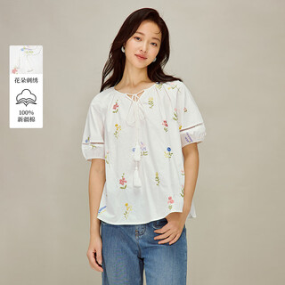 Inman french lace-up tassel embroidered floral shirt 2026 spring women's new puff sleeve shirt white l