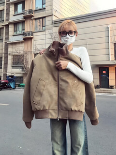 Shelley jonescleanfit maillard short jacket cotton men's winter stand-up collar leather jacket plus velvet warm baseball jacket khaki m recommended 80-100jin jin equals 0.5 kg